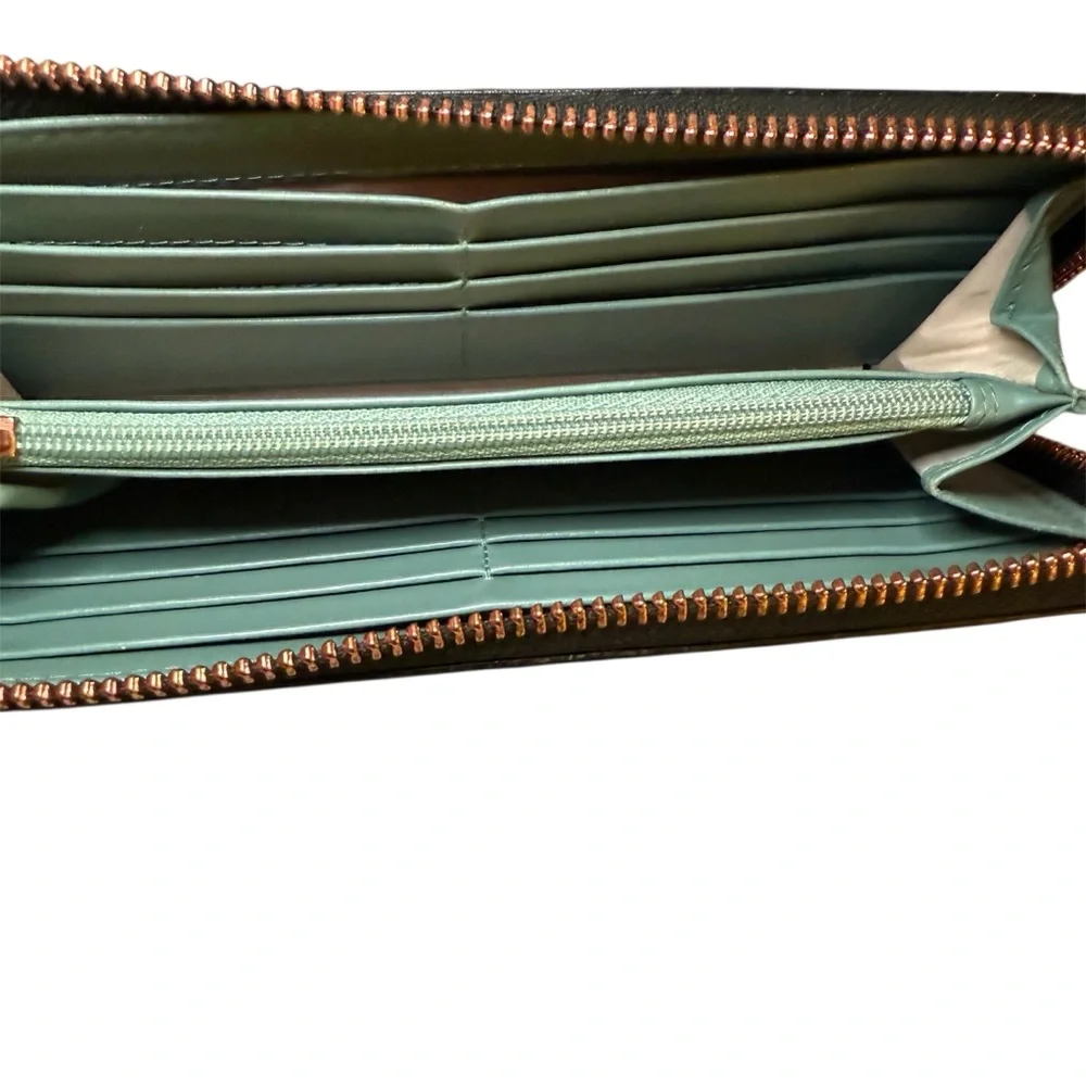 Radley London Easley Black Leather Zip Around Wallet Aqua Interior Rose Gold Zip